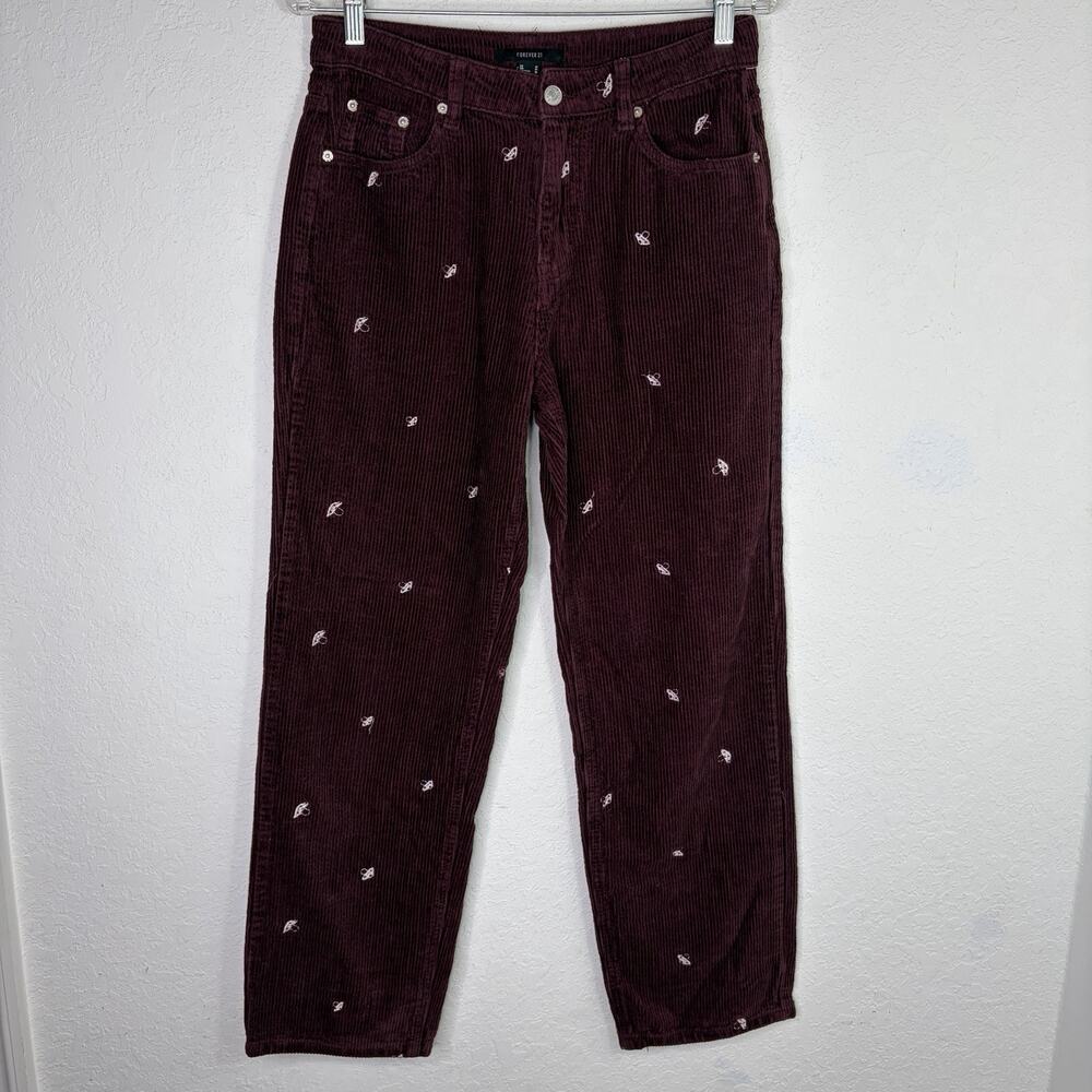 Forever 21 Corduroy Mushroom Embroidered All over Pants Burgundy Color Size M